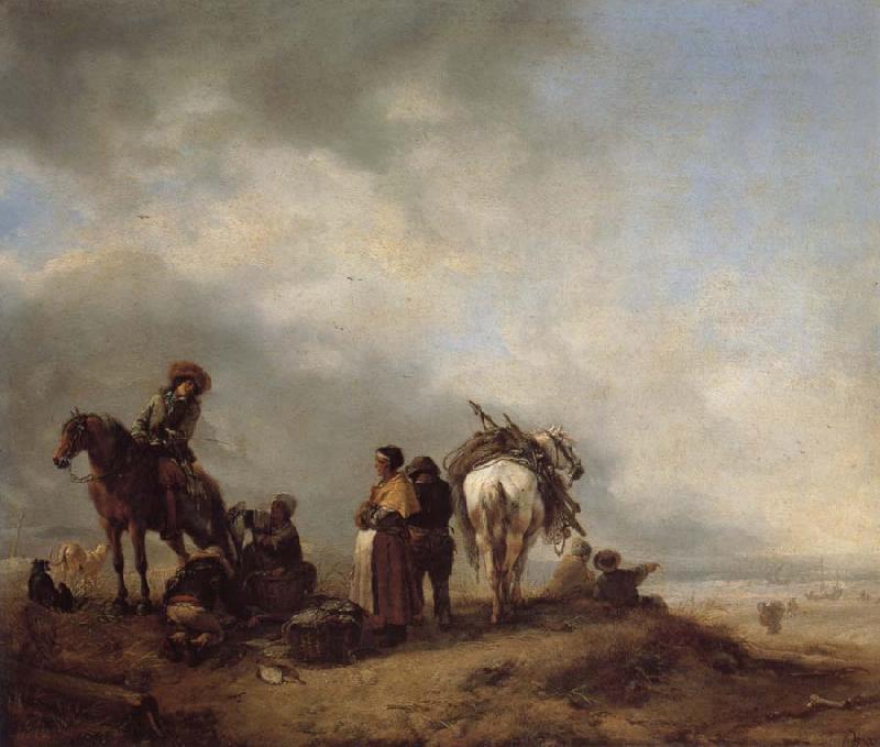 Philips Wouwerman A View on a Seashore with Fishwives Offering Fish to a Horseman
